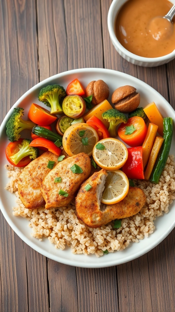 Air-fried chicken strips with roasted vegetables and quinoa on a rustic table.